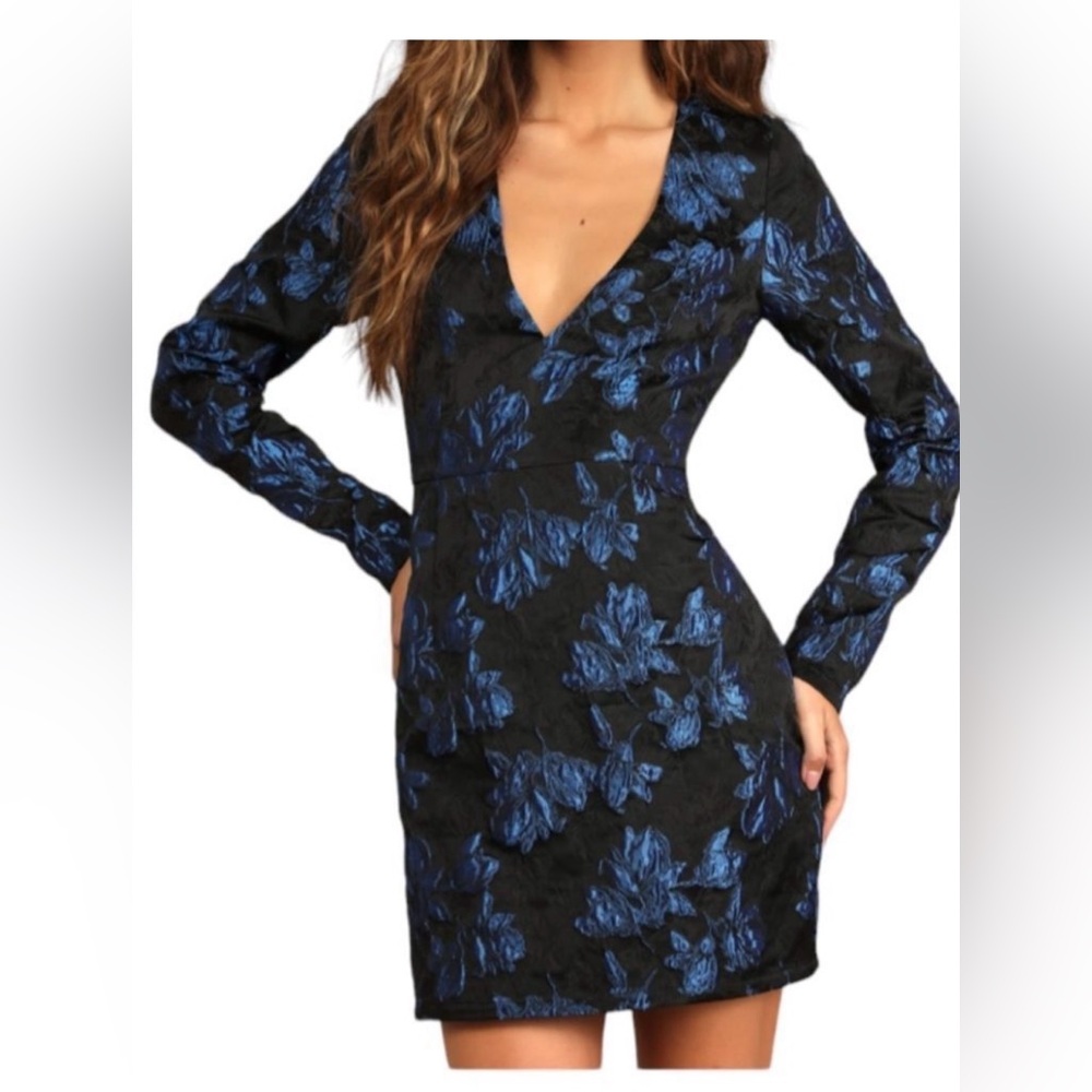 NWT Lulus Elegant Taste Floral Jacquard Long-sleeve Mini Dress, Size Medium
